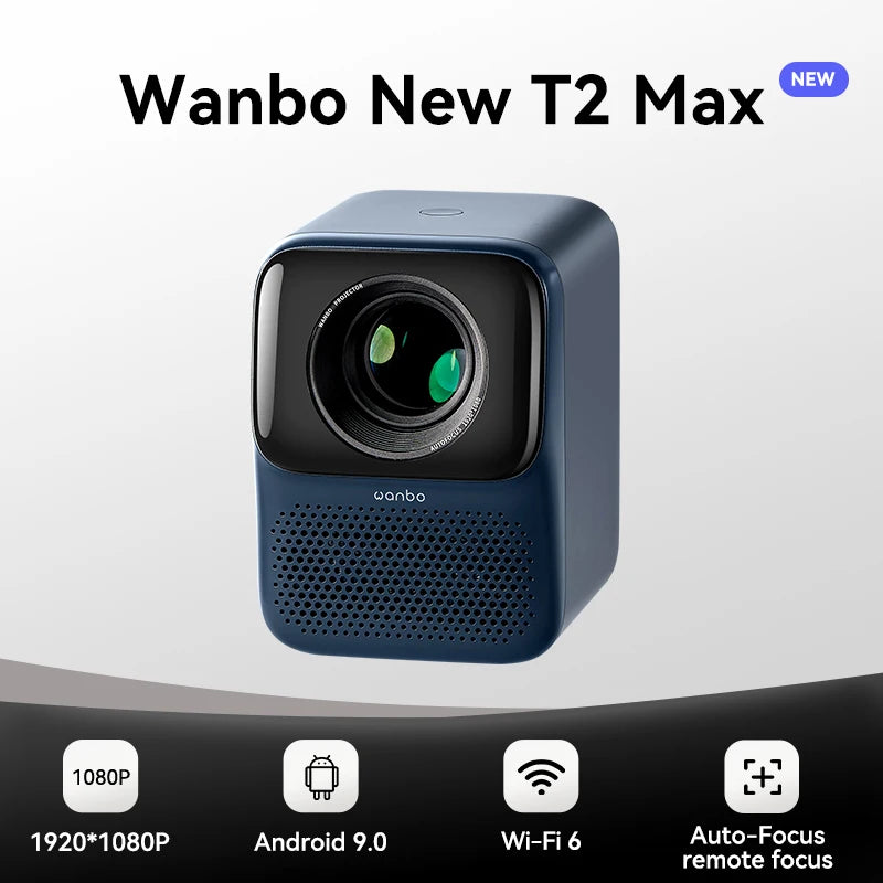 WANBO T2 Max Portable 1080p Android Projector with WiFi, AI Auto-Focus, and HiFi Sound for Home and Outdoor Use