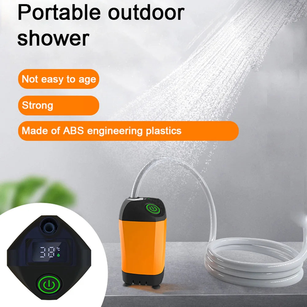 Compact IPX7 Waterproof Electric Shower Pump with Temperature Display for Outdoor Adventures, Pet Bathing, and Travel