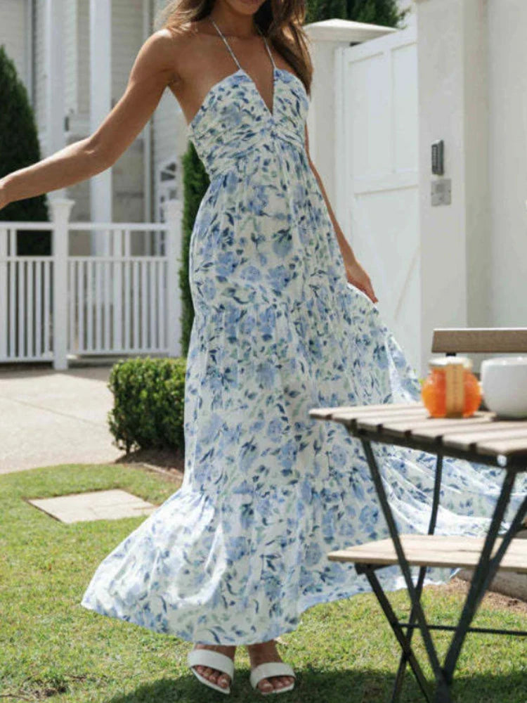 Boho Floral Maxi: Chiffon Halter Beach Dress - Elegant Summer Style