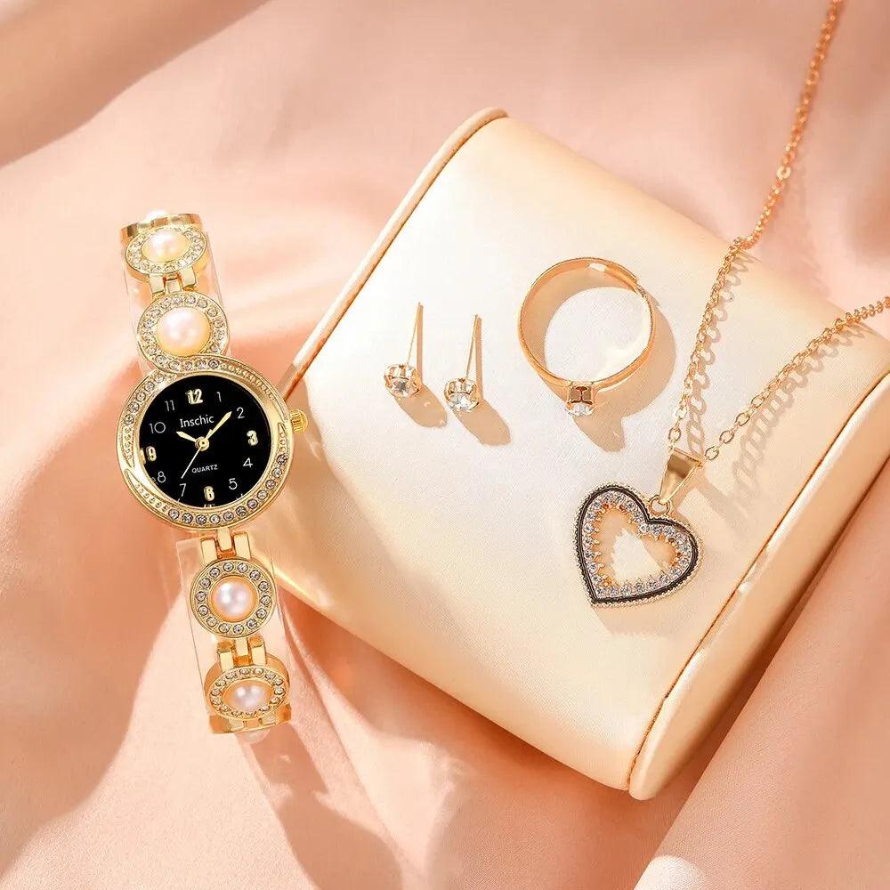 Heart Necklace and Earrings Set with Luxury Watch - Elegant Rhinestone Jewelry for Women  OurLum.com   