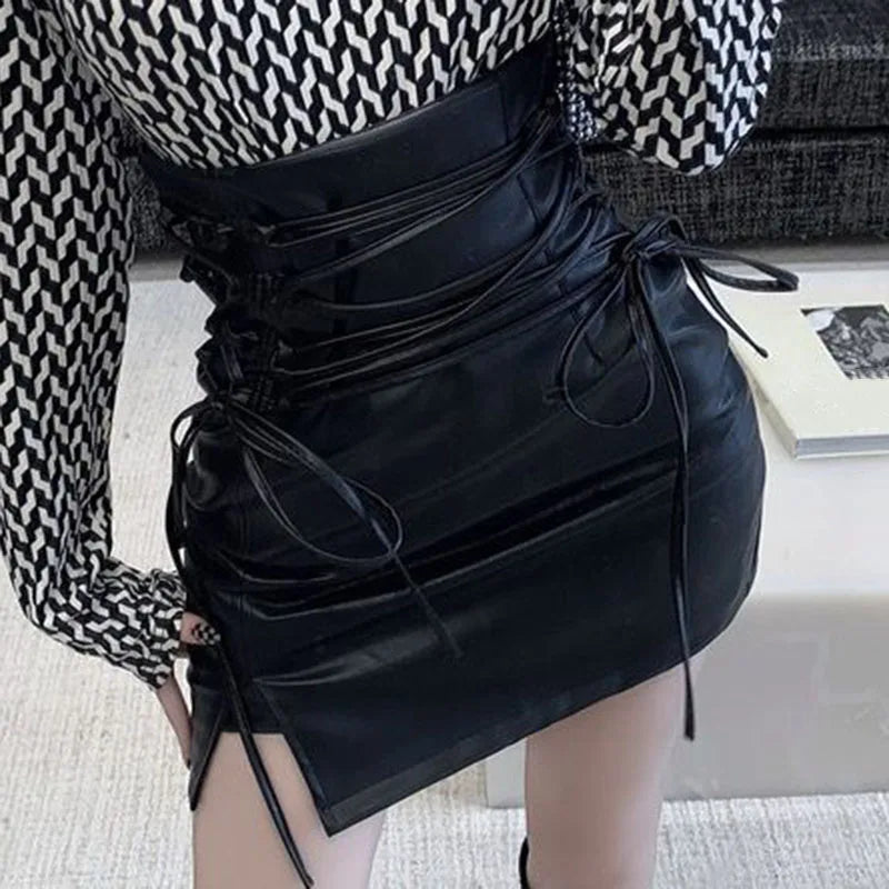 Gothic Black Leather High Waist Mini Skirt with Lace-Up Detail and Split Bag Hip  OurLum.com   