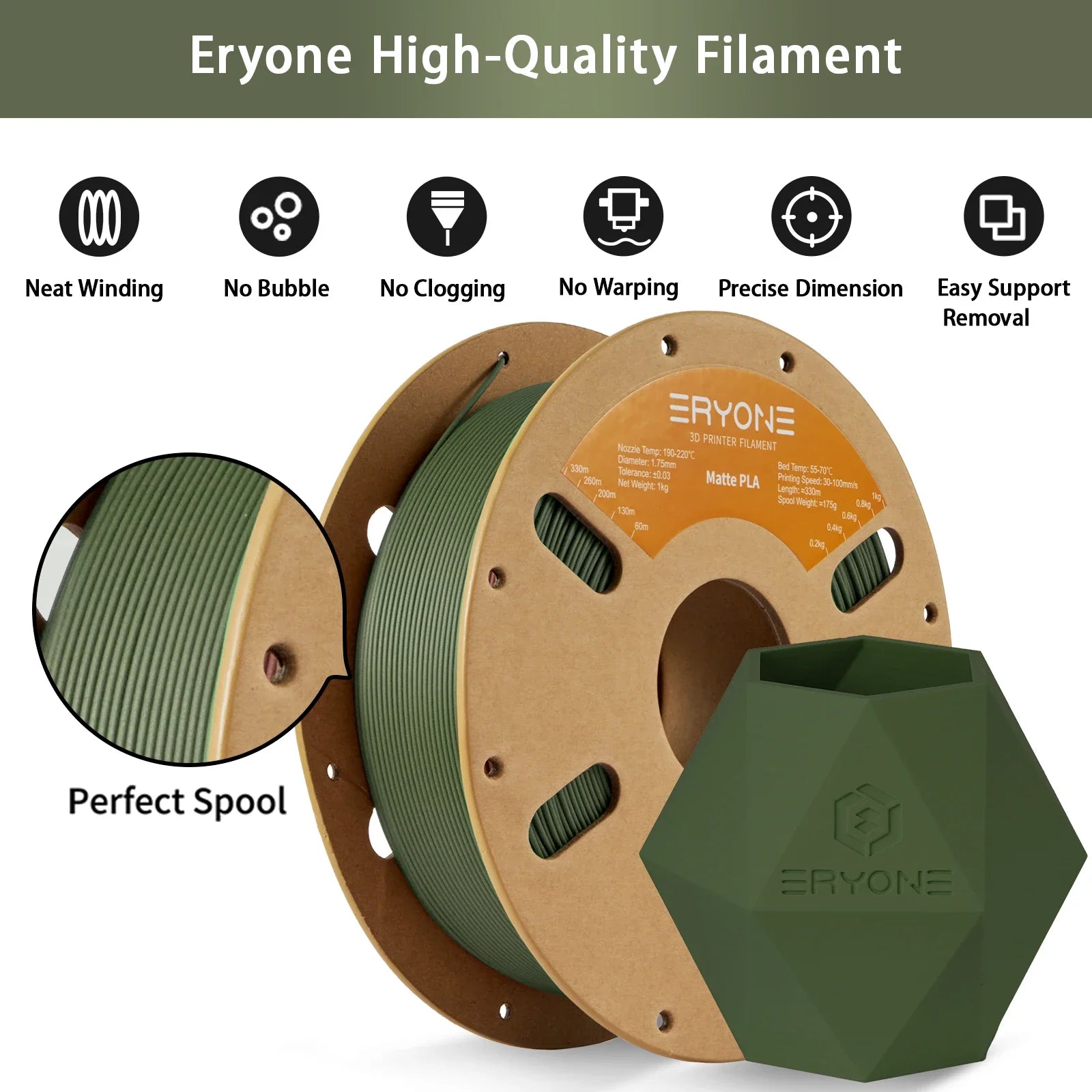 ERYONE Matte PLA Filament 1KG Spool 1.75mm 1.45 Density (g/cm3) Matte PLA Filament For FDM 3D Printer Fast Free Shipping