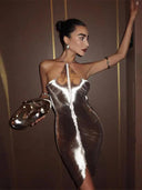 Shinny Metallic Halter Dress Glamorous Clubwear Fashion