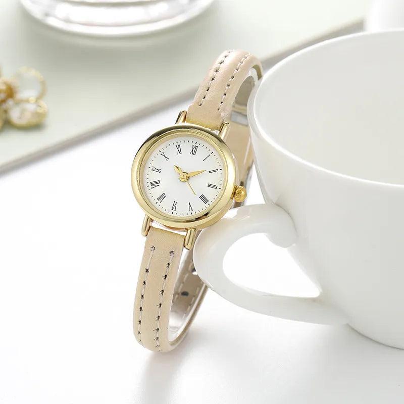 Elegant Women's Leather Quartz Watch with Small Round Dial  ourlum.com   