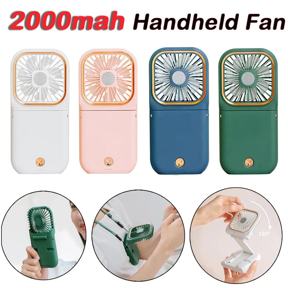 Hanging Neck Fans Mini Portable Folding Desktop Fan 3000mAh USB Power Bank Portable Handheld Outdoor Quiet Multi Function Fan