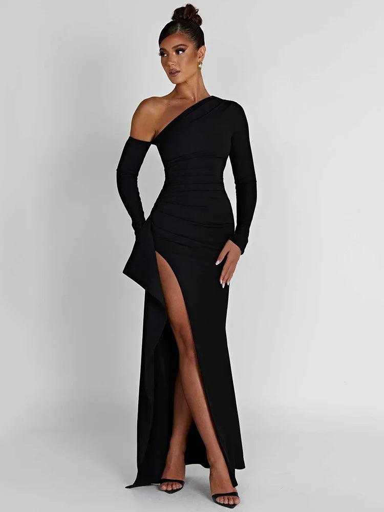 Oblique Shoulder Thigh High Split Maxi Dress - Sexy Elegance for Night Owning  ourlum.com   