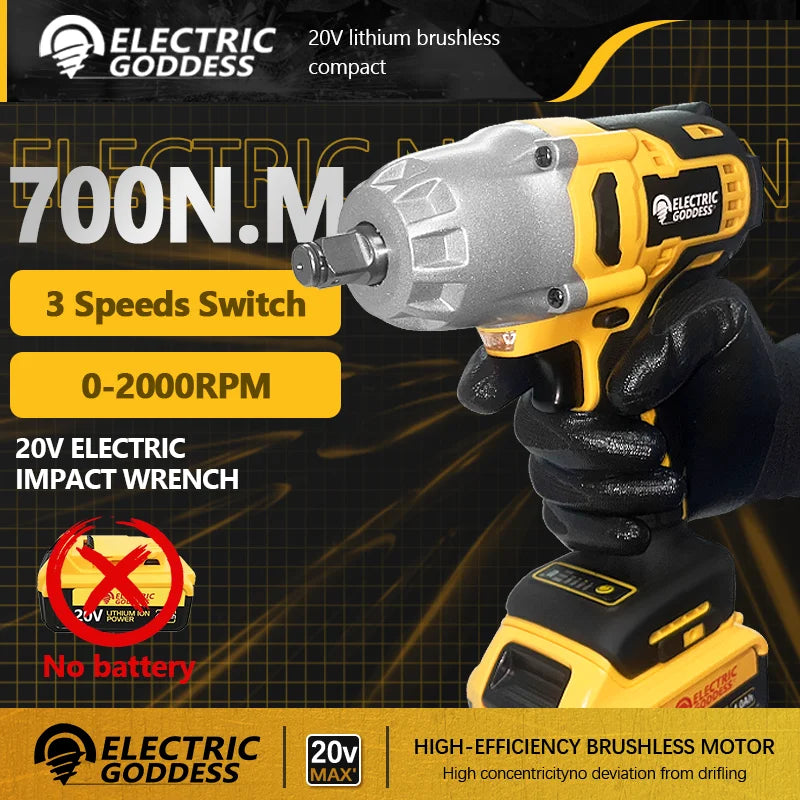 Cordless 1/2" High Torque Impact Wrench - 700NM, Brushless, for 20V Dewalt Battery