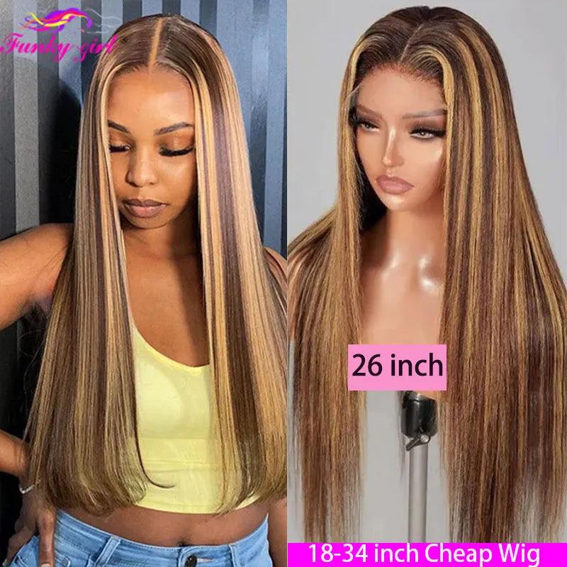 Honey Blonde Highlight Straight Lace Front Human Hair Wig - Affordable Chic Style  ourlum.com 4x4 Lace Closure Wig 18inches 150%