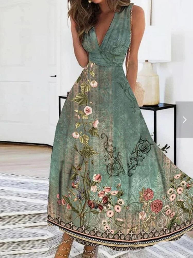 Elegant Bohemian Summer Dress 2023 - Chic V-neck Printed Maxi Dress S-5XL  OurLum.com   