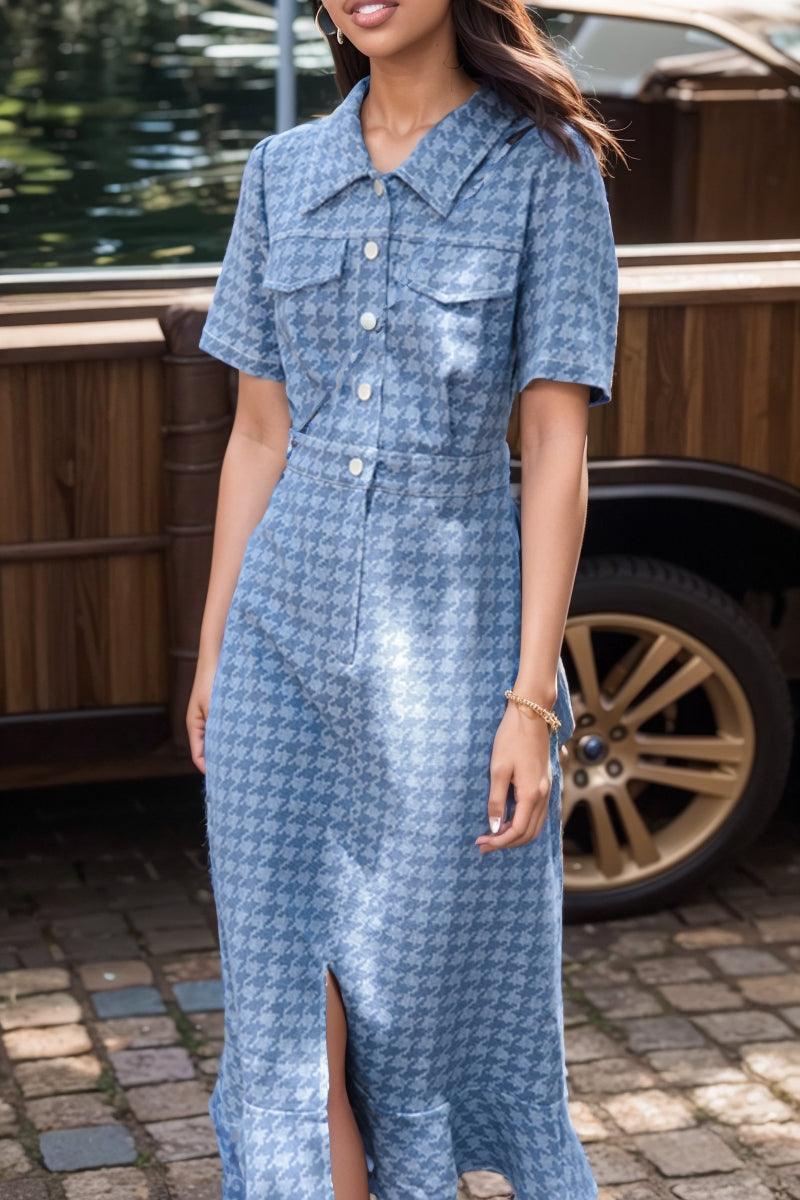 Retro Houndstooth Denim Dress: Timeless Korean Style Sophistication