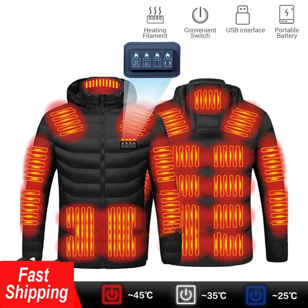 Washable USB charging and heating jacket, cotton hooded jacket, electric heating, thermal jacket, outdoor, camping, hiking zone