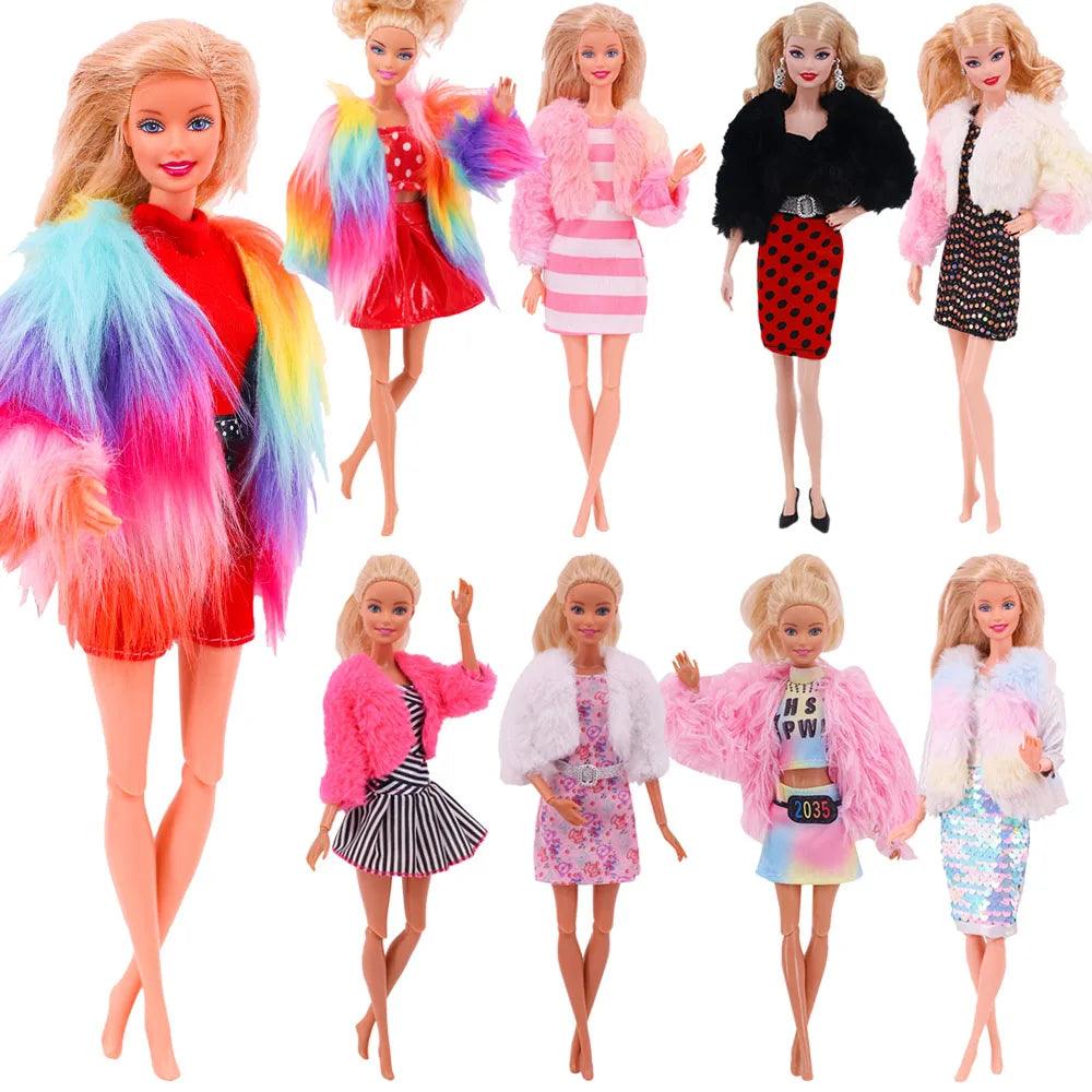 Barbie Doll Clothing Set: Plush Coat Jacket + Dress Skirt/Pants - Stylish Outfit for Barbie Dolls  ourlum.com   