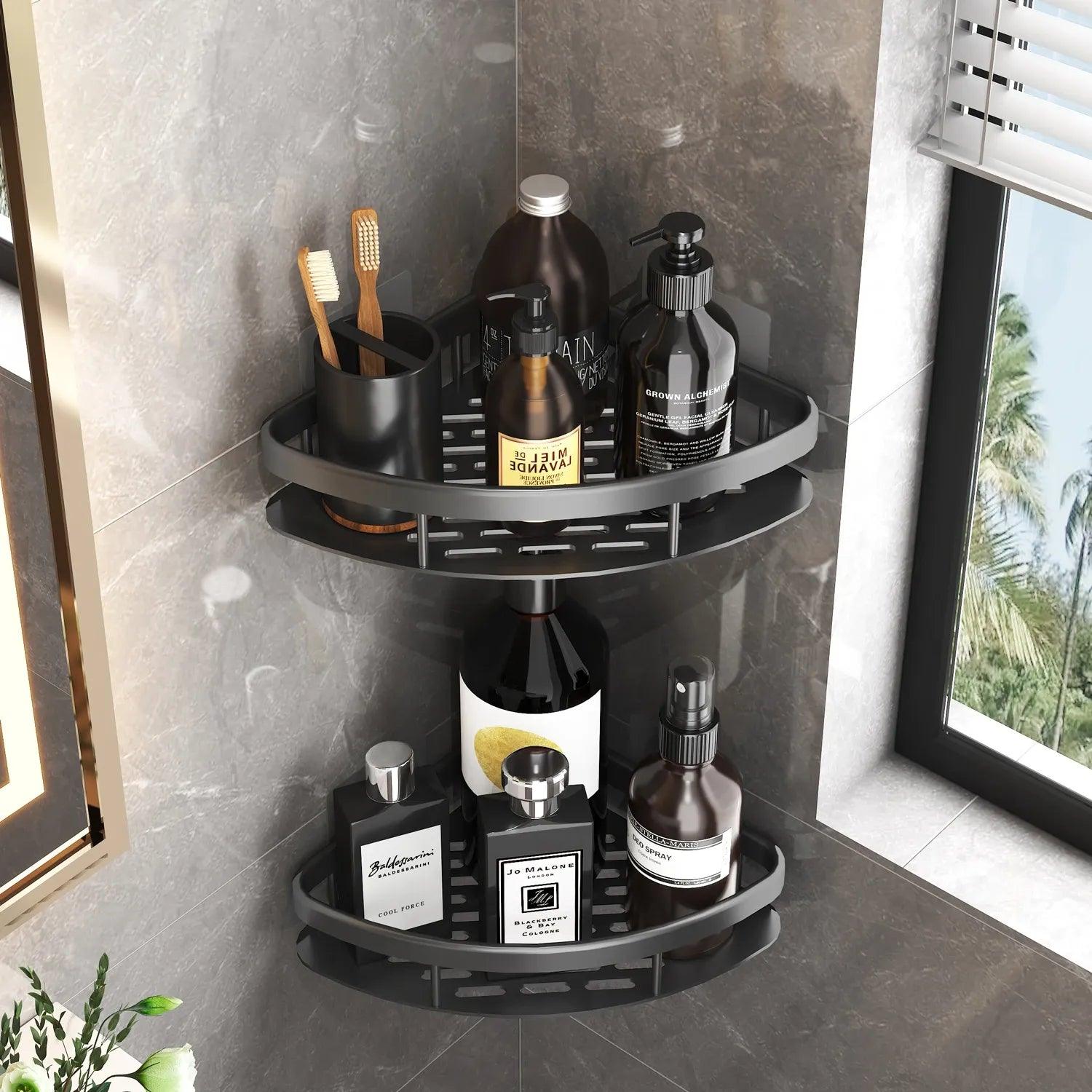 Bathroom Corner Shelf Organizer with No Drill Installation  ourlum.com   