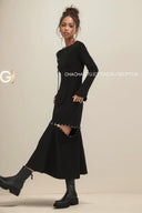 Fashionable Black Long Sleeve Dress Versatile A-Line Style