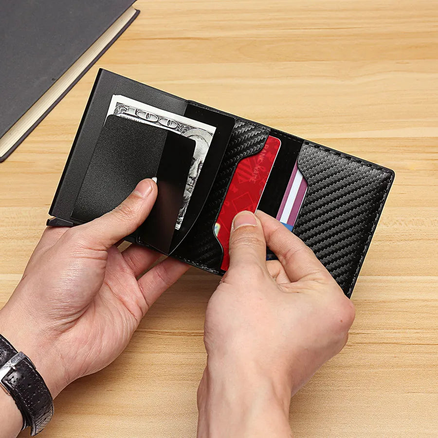 RFID Carbon Fiber Trifold Wallet for Men - Black Slim Leather Card Holder  ourlum.com   