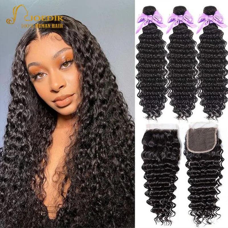 Brazilian Deep Wave Human Hair Bundle Set with Closure - Remy Hair Extensions  ourlum.com CHINA 12 12 12 with 10 Three Part | 4" x 4"