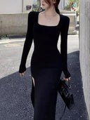 Elegant Black Bodycon Dress Chic Square Collar Side Slit