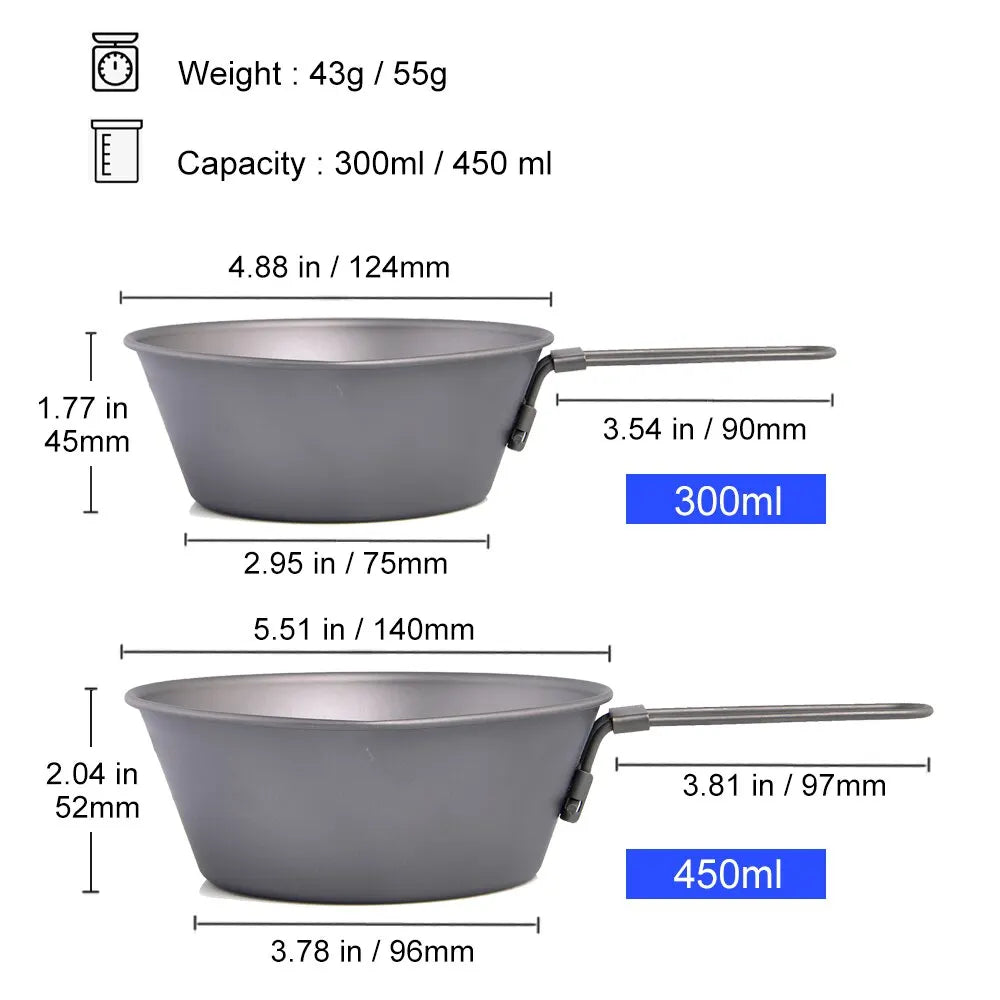 Lightweight Titanium Camping Bowl with Foldable Handle for Hiking, Fishing, and Outdoor Activities