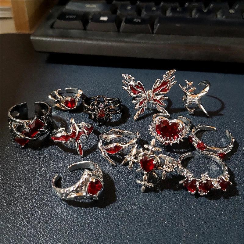 Vibrant Red Crystal Heart Rings with Gothic Spider Motif - Trendy Punk Style Jewelry for Women  ourlum.com   