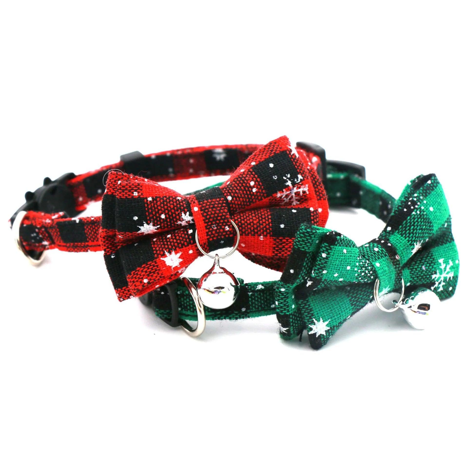 Christmas Cat Dog Collar with Bowknot Bell Plaid Snowflake Breakaway Necklace  ourlum.com   