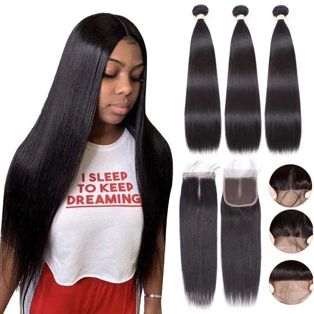 Brazilian Bone Straight Hair Bundle Set with Closure - Remy Human Hair Bundle - 30"