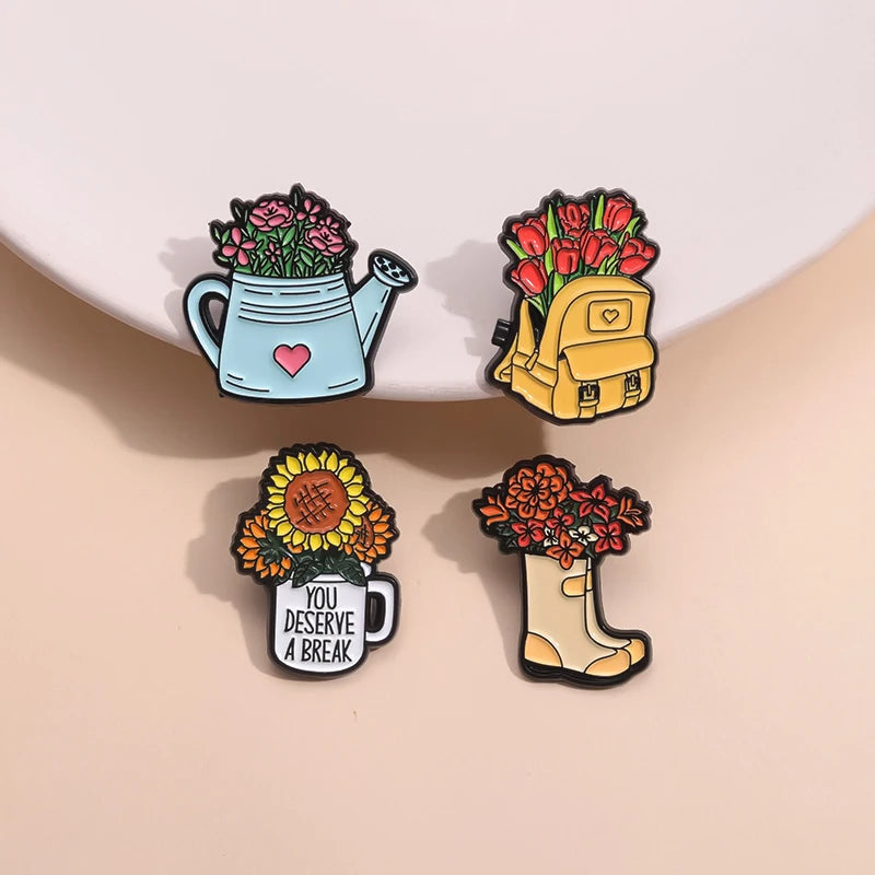 Whimsical Floral Enamel Pin Set for Backpacks and Brooches - Perfect Accessory for Parties and Casual Wear