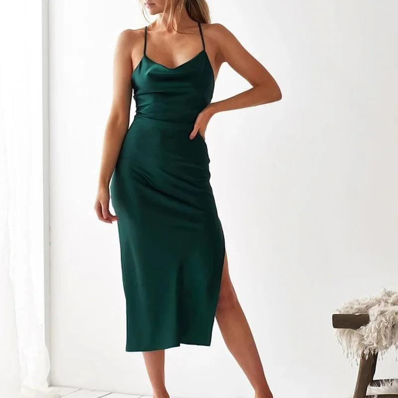 Elegant Summer Satin Midi Dress with Floral Design - Stylish Evening Wear for Women  OurLum.com   