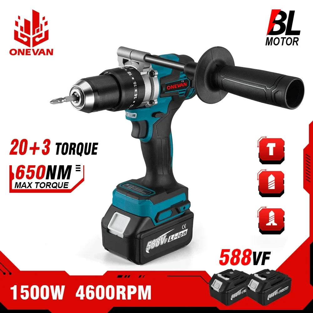 ONEVAN 13MM 650NM Brushless Electric Drill Cordless Screwdriver Impact Drill Li-Ion Batteries Power Tool For makita 18v battery  ourlum.com   