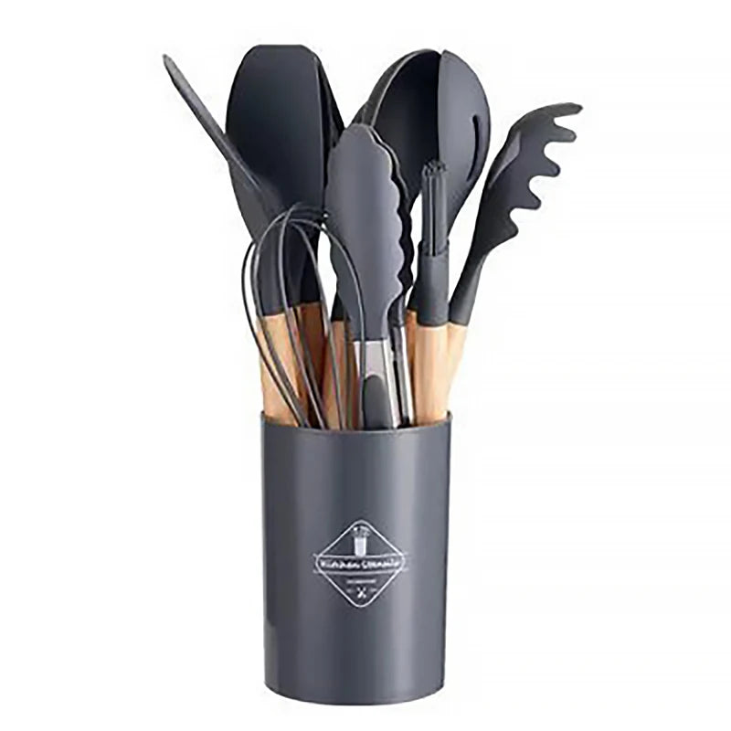 12-Piece Non-Stick Silicone Kitchen Utensils Set with Wooden Handles for Cooking and Baking