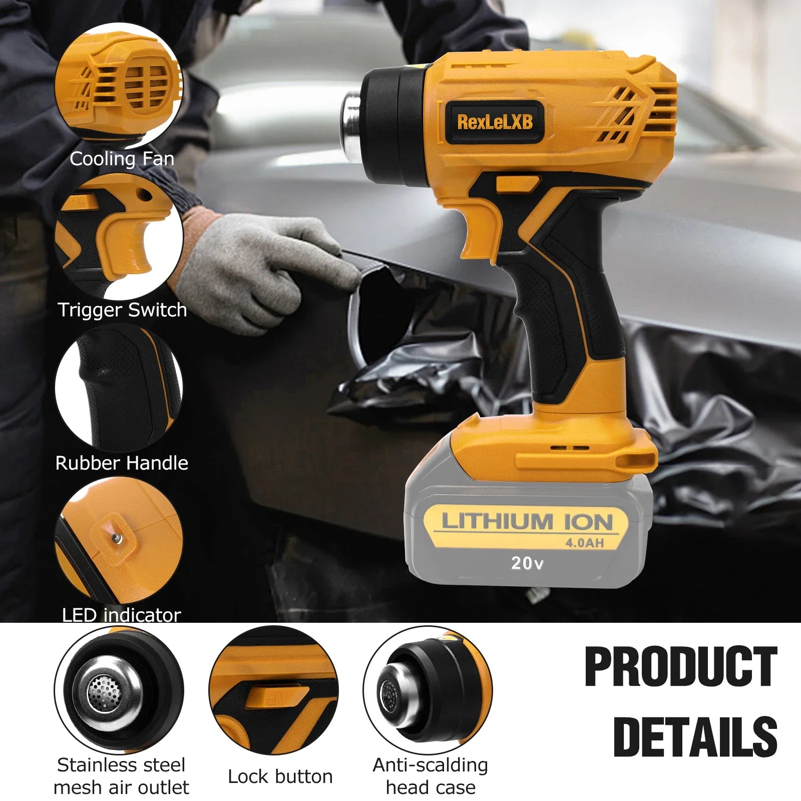 400W Cordless Heat Gun Handheld Electric Hot Air Gun Heat Shrink Wrapping Overload Protection for Dewalt 20V Battery(No Battery)