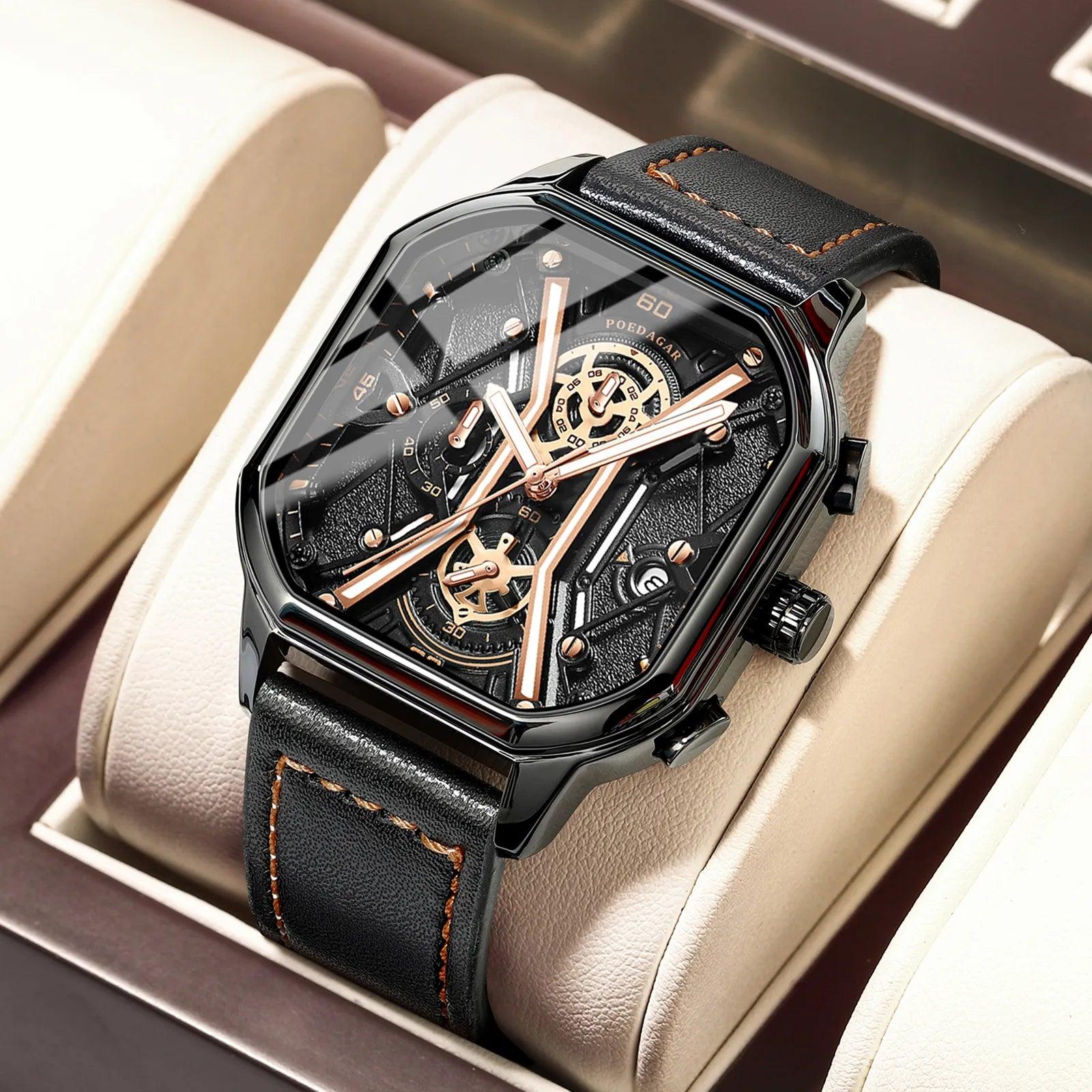 Luxury Chronograph Men's Leather Watch with Square Dial & Luminous Hands  ourlum.com   