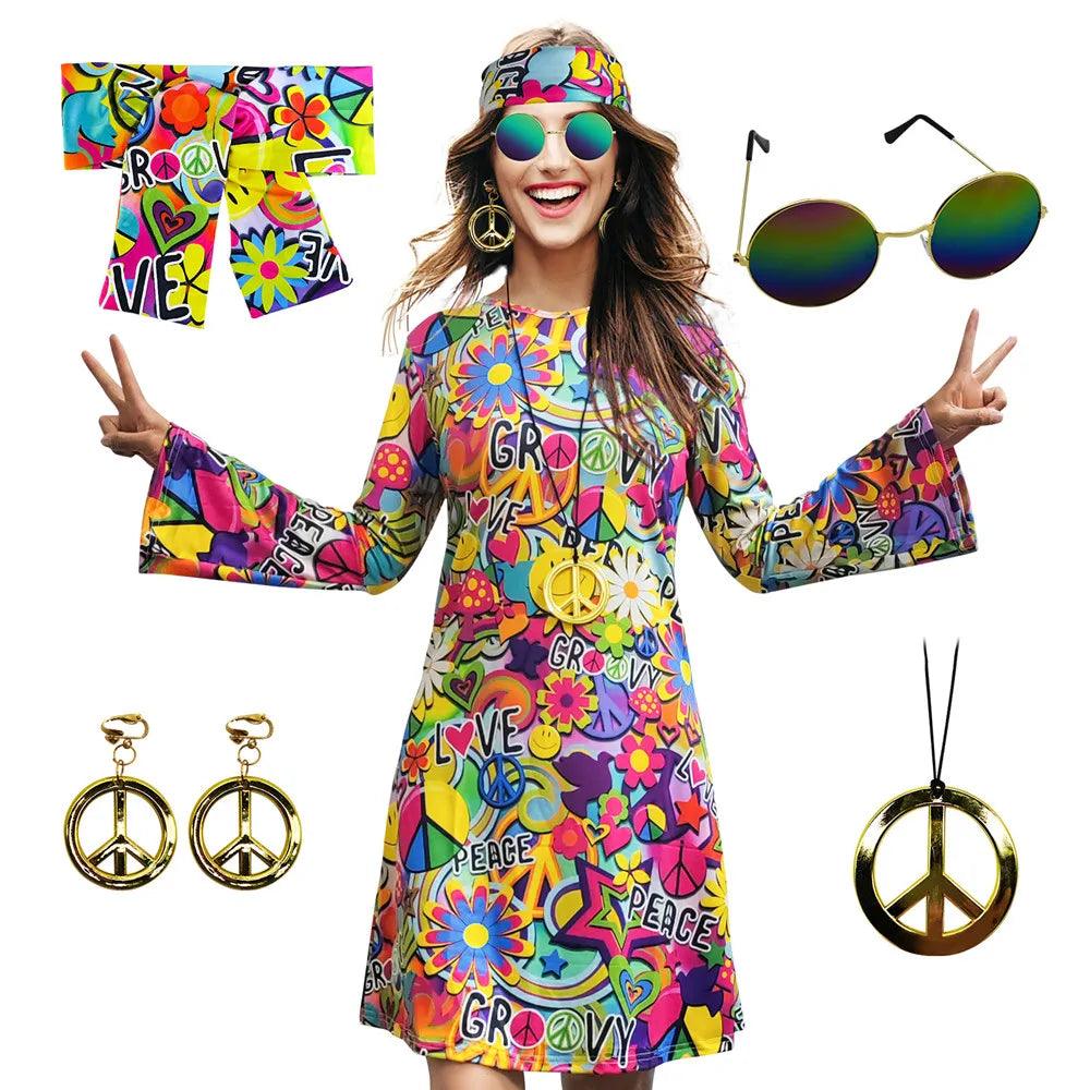 Hippie Disco Dress Set: Vintage Costume Accessories for Women