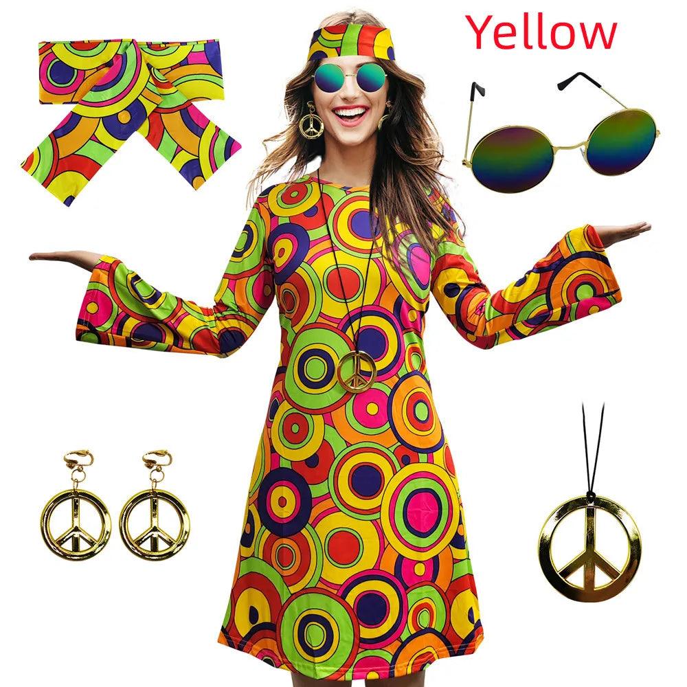 Hippie Disco Dress Set: Vintage Costume Accessories for Women