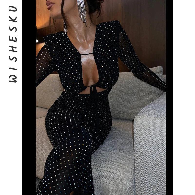Elegant Glitter Lace Up Bodycon Maxi Dress with Cut Out Mesh Sleeves for Women  ourlum.com   