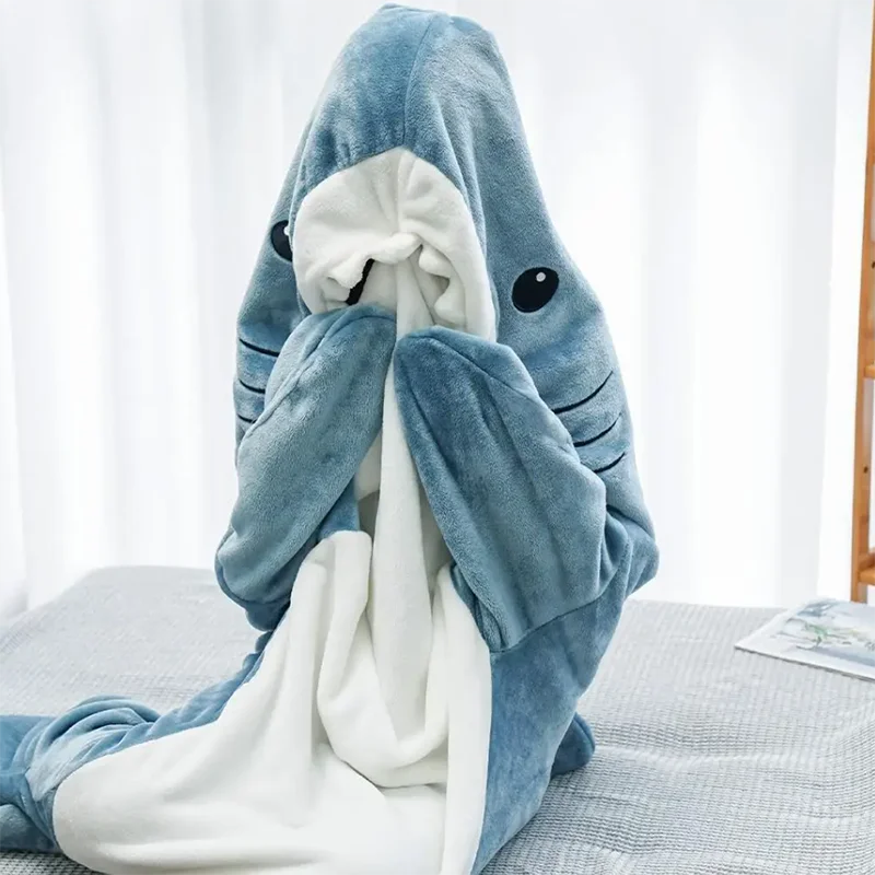 Cartoon Shark Blanket  Sleeping Bag Women Pajamas Nap Adult Blanket Flannel Shark Plaid Nightrobe Comfy Bathrobe Homewear