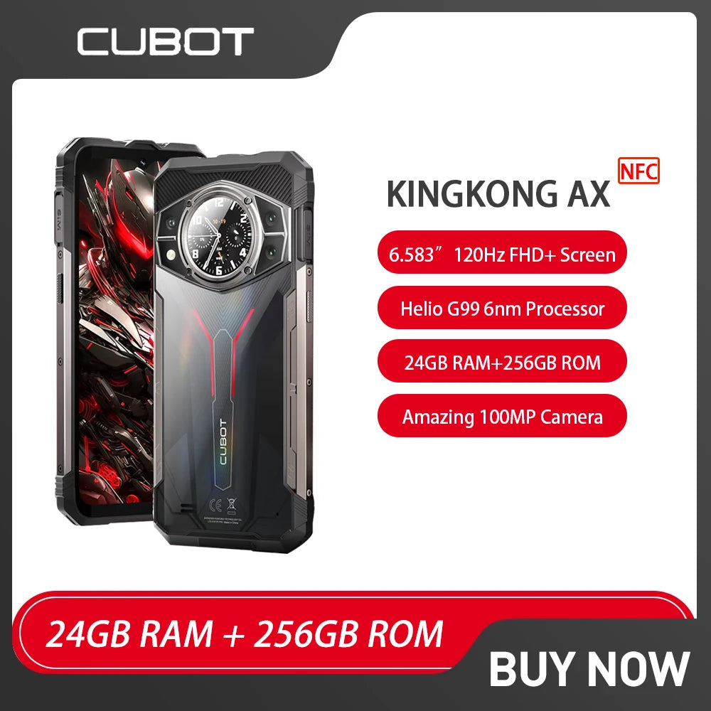 Cubot KINGKONG AX Rugged Smartphone Android 14 24GB RAM+256GB ROM Octa Core Mobile Phone 100MP 33W Fast Charge 4G Cellphone NFC