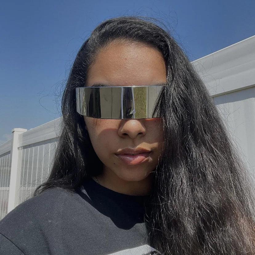 Futuristic Cyberpunk Wrap Around Sunglasses with Silver Mirror Lenses for Men and Women