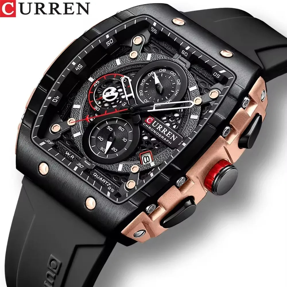 CURREN 8442 Multifunctional Men's Sports Watch with Chronograph, Luminous Features, Silicone Strap, and Tonneau Case