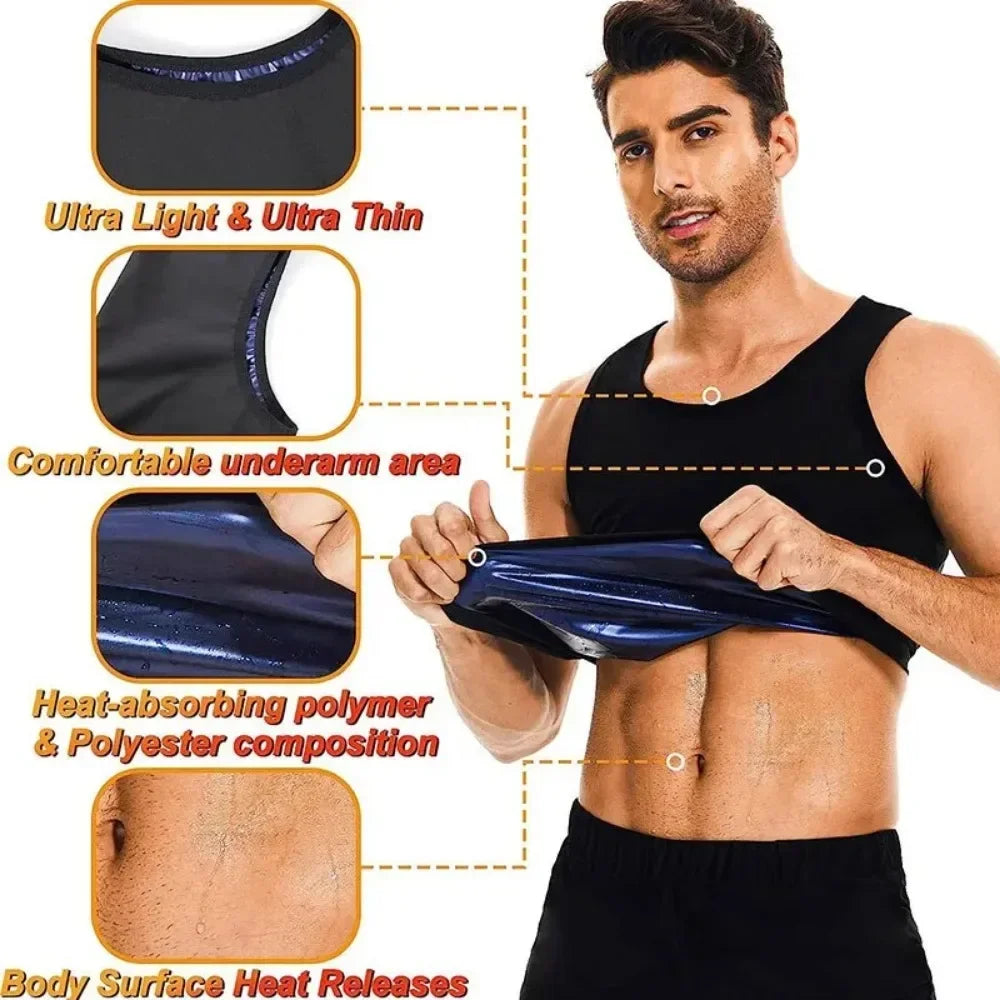 Men's Heat-Trapping Sweat Vest and Short Sleeve Compression Shirt for Waist Slimming and Body Shaping