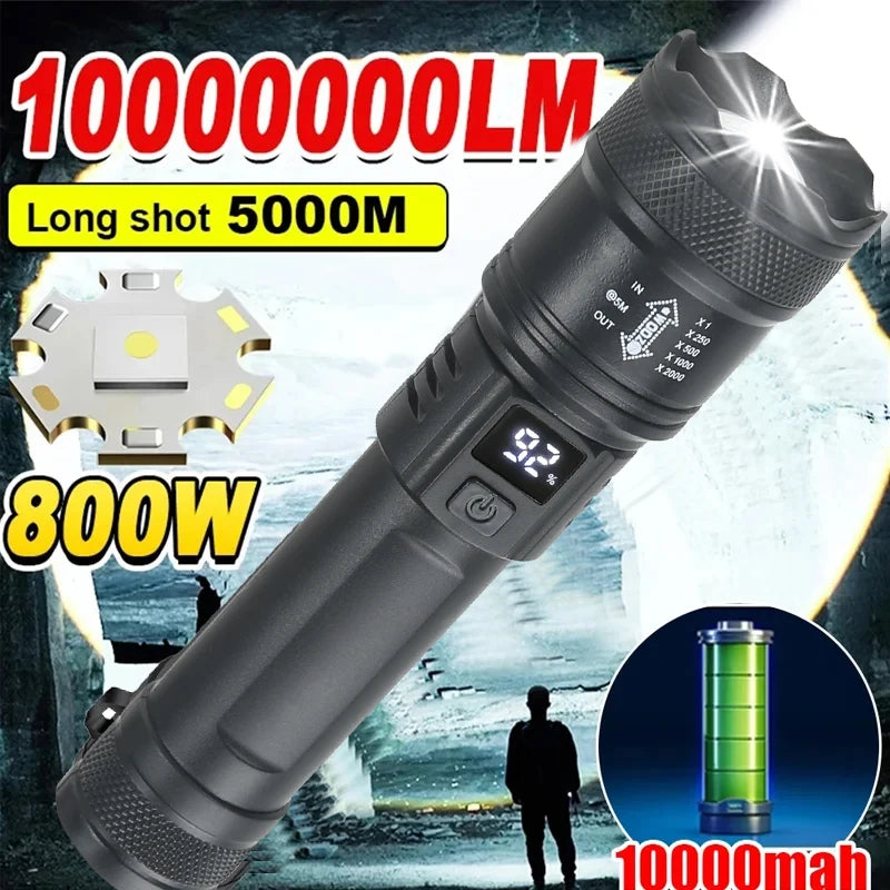 High Strong Power Led Flashlights 2000LM Tactical Torch with Display Light USB Charging Camping Fishing Emergency Zoom Lantern