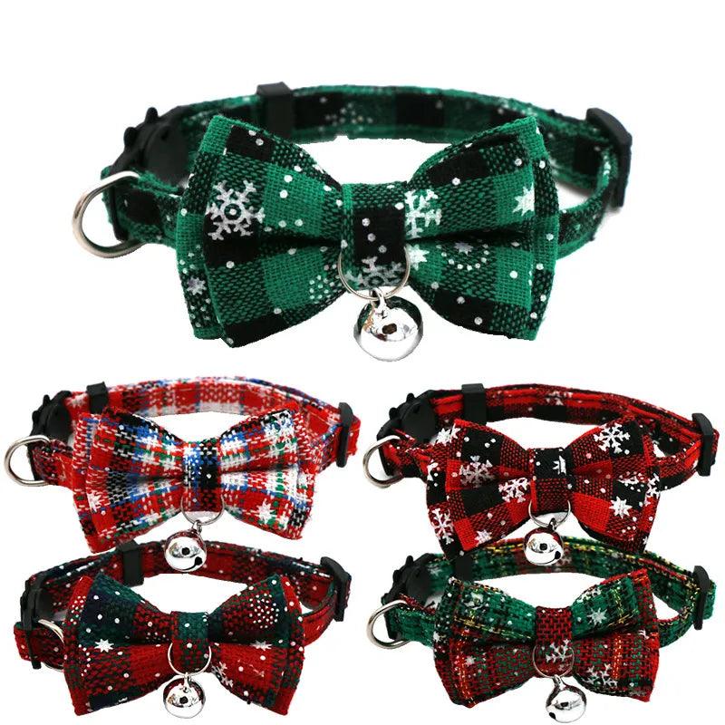 Christmas Cat Dog Collar with Bowknot Bell Plaid Snowflake Breakaway Necklace  ourlum.com   