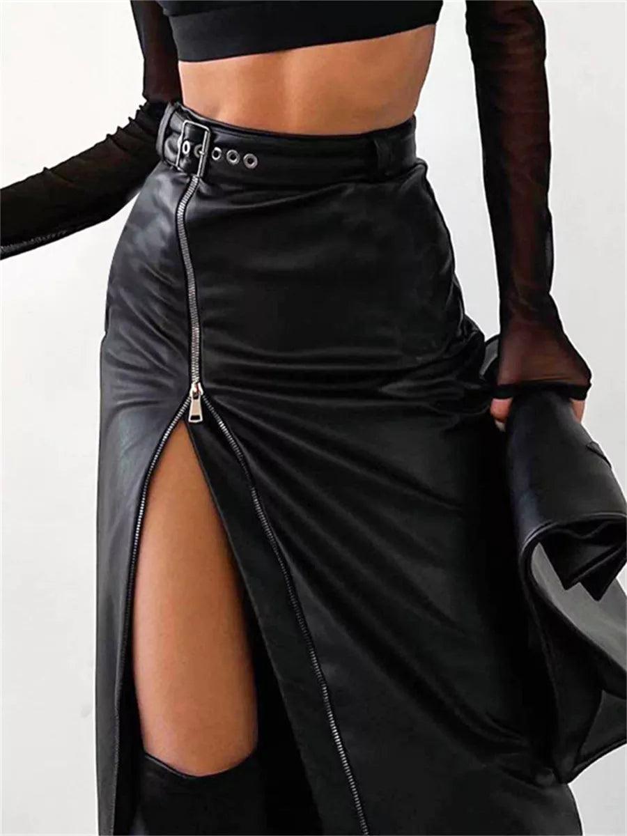 Vintage Grunge Black PU Leather High Waist Zipper Midi Skirt for Women  ourlum.com   