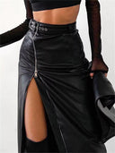 Vintage Black PU Leather Zipper Skirt Edgy Streetwear Chic