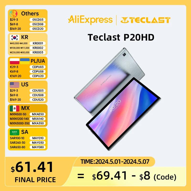 Teclast P20HD 10.1" Android 10 Tablet 1920x1200 SC9863A Octa Core 4GB RAM 64GB ROM 4G Network AI Speed-up Tablets PC Dual Wifi  ourlum.com Tablet EU Plug spain