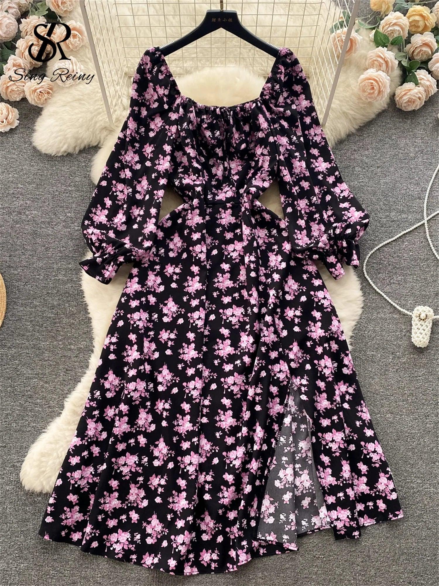 Floral Elegance Chiffon Midi Dress with Puff Sleeves and Elastic Waist - Summer Fashion Statement  OurLum.com   