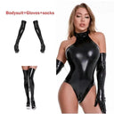 Seductive Glossy PU Leather Catsuit Set with Accessory Bundle  OurLum.com Black D XL 