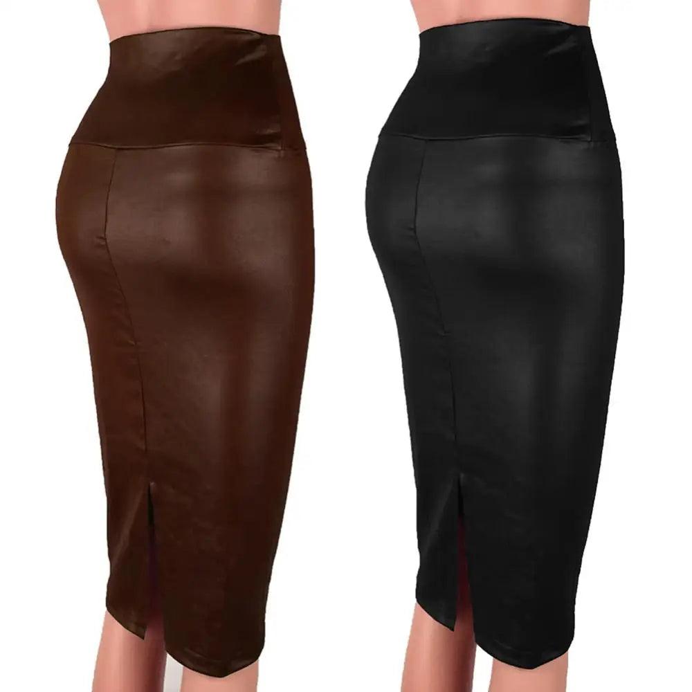Sleek Faux Leather High Waist Pencil Skirt with Back Split  ourlum.com   