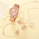 6PCS Set Rose Gold Luxury Watch Women Ring Necklace Earring Set