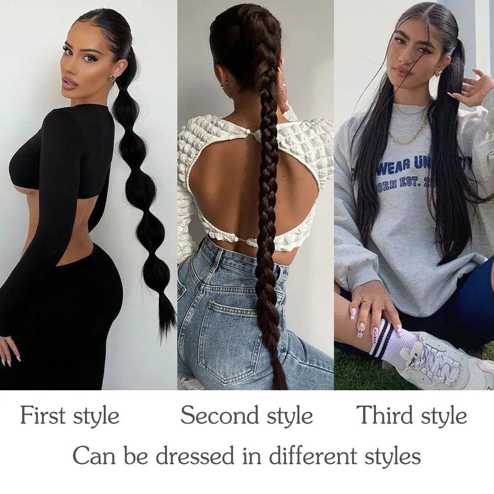 Synthetic Black Braided Ponytail Extension: Elegant High-Temperature Fiber Hairpiece