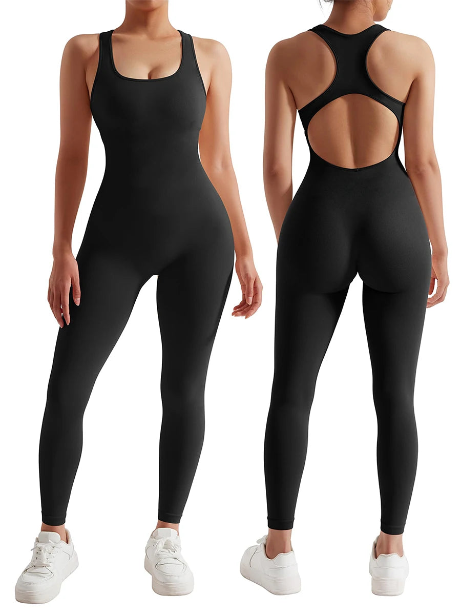 Chic Women's Summer Workout Jumpsuit with U Neck and Backless Design  OurLum.com black L 